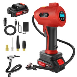 Tire Inflator Portable Air Compressor, 21V Cordless Car Tire Pump, Rechargeable Battery Powered Air Compressor w/12V DC Adapter, Digital Pressure Gauge, for Cars, Motorcycles, Bikes, Black + Red