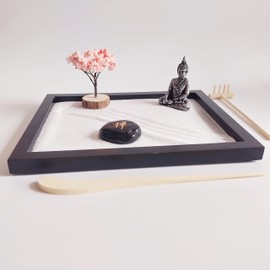 ZEN&TAO Japanese Miniature Zen Garden Black Tray with Buddah Statue, Blossoming Cherry Tree, Faux Stone Engraved with Zen Character, Sand Tools Included, for Meditation, Relaxing and Gifting