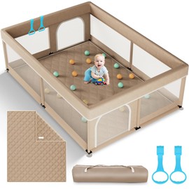 Omzer Baby Playpen with Mat 71"×59" - Extra Large Playpen for Babies and Toddlers with Mat Included, Safety Playard for Baby with Gate, All-Wrapped Soft Sponge Baby Gate Playpen with Stable Mat Velcro