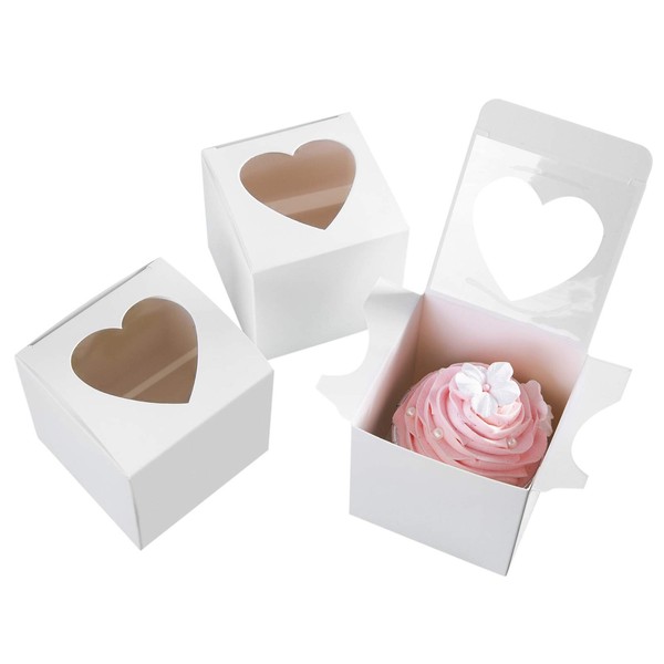 [50pcs]ONE MORE 3"Mini Single Favor White Cupcake Boxes with Heart Shape Window Without Handle,Small Gift Box Carrier Individual Containers 3X3X3inch,Pack of 50