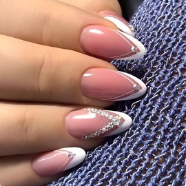 Almond Press on Nails French Tip 24Pcs Glossy Full Cover Medium Acrylic False Nails with Rhinestone Line Designs Natural Artificial Fake Nails Set with Glue Stick on Fingernails for Women Girls