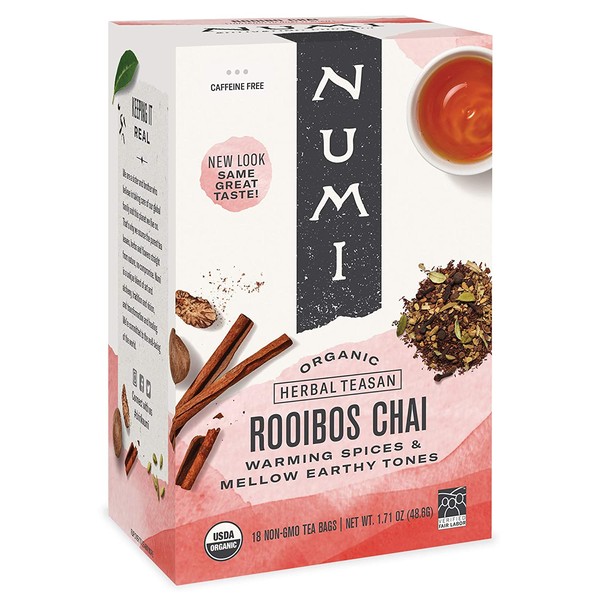 Numi Organic Tea Rooibos Chai, 18 Count Box of Tea Bags, Herbal Teasan, Caffeine-Free (Packaging May Vary)