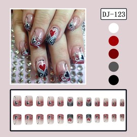 24Pcs Valentine's Day Press on Nails Short Square Fake Nails with Heart Designs Glitter Black Red Love Heart Full Cover False Nails Artificial Nails Glossy Stick on Nails for Women and Girls
