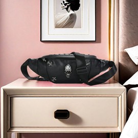 Bum Bag Women Men Leather Black Bum Bag Festival Small Skull Designed Fanny Pack Stylish Belt Bag Men Women Leather for Travel Shopping, Colour: 5, Fashion
