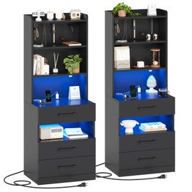 AOGLLATI Tall Night Stand Set of 2 with Charging Station and LED Lights, Black Nightstand with 3 Drawers and Adjustable Shelves, Modern LED BedsideTable for Bedroom