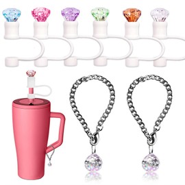 6 Pack 12mm Diamond Straw Cover Cap for Brumate Era 30&40 Oz Cup and 2 PCS Crystal Ball Handle Charm Accessories, Reusable Silicone Straw Topper Accessories(6+2)