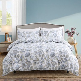 Cozaline Blue Floral Duvet Cover King Size 100% Cotton Botanical Coquette Comforter Cover 3 Pieces Soft & Breathable French Style Duvet Cover with Zipper Closure