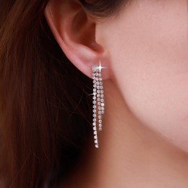 Inilbran Boho Rhinestone Earrings Silver Long Crystal Chain Earrings Long Crystal CZ Drop Earrings Vintage CZ Tassels Chain Earrings Wedding Chandelier Dangle Earrings Jewellery for Women