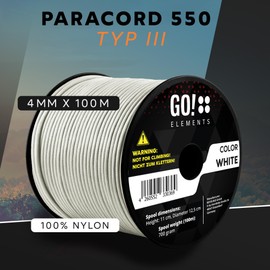 GO!elements 100 m Paracord Rope - Made of Tear-Resistant Nylon Cord - 4 mm Paracord 550 Type III Rope - Suitable as General Purpose Rope and Cord - Max. 250 kg, white