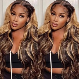 Goldfinch Highlight Ombre Lace Front Wigs Body Wave Human Hair 4/27 Balayage Honey Blonde 13X4 HD Lace Front Wigs Pre Plucked with Baby Hair 180% Density Glueless Wigs for Women 20 Inch
