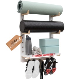 Yoga Mat Holder Wall Mount Home Gym Storage Rack - Fully Adjustable Wooden Yoga Mat Organizer Gym Shelf for Foam Roller Workout Equipment Storage, Peloton Fitness Accessories, and Yoga Gifts