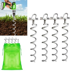 MIXXIDEA16.2 Inch Silver Folding Ring Spiral Ground Anchors Metal Ground Stakes Dog Tie Out Stake Spiraling Anchor Trampoline Anchors for Tent, Securing Trampolines, Garden Fence Sheds Swings, 4 Pack