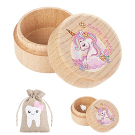 Aolso Tooth Fairy Box with Tooth Fairy Bag,Wooden Baby Keepsake Box,Baby Teeth Storage Box for Lost Teeth,Newborn Wood Case for Boys Girls Gift（Unicorn）