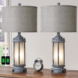 AIEAMPDO Set of 2 Rustic Table Lamps for Living Room, Farmhouse Vintage Nightstand Lamp with 2 USB Ports, Antique Retro Light Green Glass Night Light for Bedroom Entryway, 4 Bulbs Included
