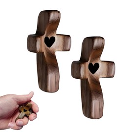 Mailfull Carved Worry Stone Set of 2 Small Wooden Cross (5 x 3 cm) Hand Carved Wooden Love Cross with Hearts for Prayers Christening Communion