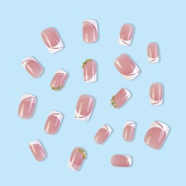 Square Press on Nails Short Fake Nails with Rhinestones Designs White French Tip Nails Press ons Glossy Glue on Nails Pink Full Cover Stick on Nails for Women 24Pcs