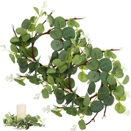 2Pcs Artificial Eucalyptus Wreath Green Leaves Candle Rings Decorative Mini Candle Holder Wreaths for Home Farmhouse Patio Garden Front Door Porch Wall Window Decor