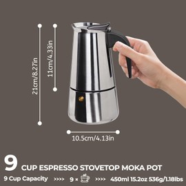 9 Cup 450ml Moka Pot Stainless Steel Espresso Coffee Maker Stovetop Percolator Coffeemaker Italian Classic Style Brewing Greca Cafe Mocha Machine for Cafeteras Lover Camping Travel and Home Use 15oz