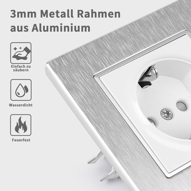 CNBINGO Aluminium socket with clamping claws, silver, simple Schuko socket,