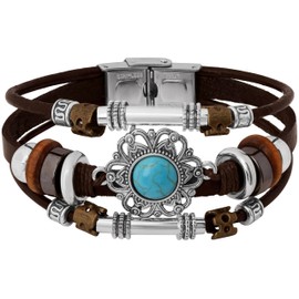 MINACHI Summer Boho Retro Style Multilayer Leather Wrap Bracelets, Created Turquoise Flower Pendant, Ethnic Jewelry for Women