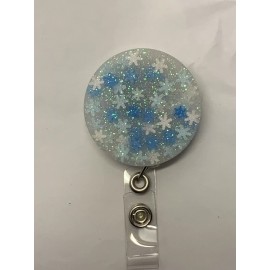 Handmade badge reels retractable id holders. Sparkly Winter Snowflakes.