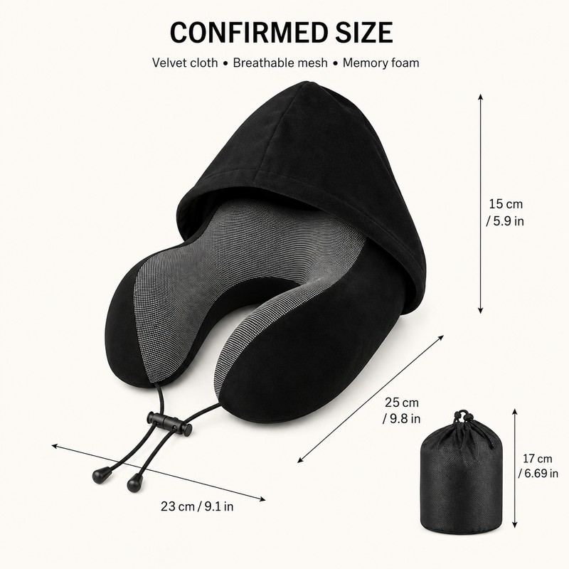 Hooded U-Shaped Memory Foam Travel Pillow, 9.84 × 9.06 ×