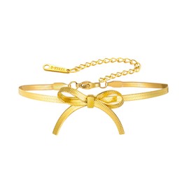 kkjoy Elegant Bow Bracelet Stainless Steel Ribbon Bow Tie Snake Chain Bracelet Trendy Prom Bowknot Jewelry for Women Charming Ladies (Gold)