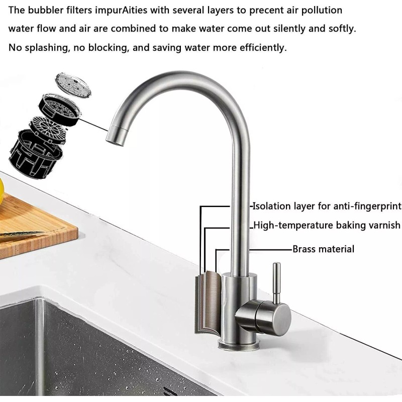 Etechydra Single Hole Brushed Nickel Stainless Steel High Arc Kitchen