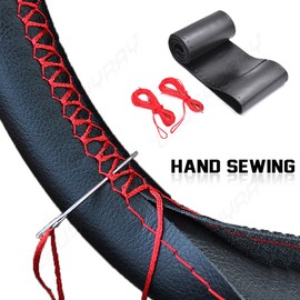 CHUSYYRAY Black 15" Leather Car Steering Wheel Cover Breathable Anti-slip Wrap DIY Stitch