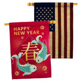 Spring Chinese New Year House Flags Pack Lunar Good Luck Prosperous Seasonal Arrival Blessing USA Vintage Applique Small Decorative Gift Yard Banner Double-Sided Made In 28 X 40