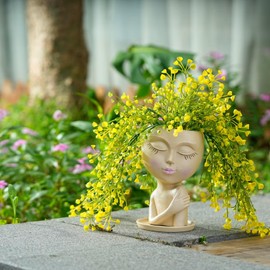 SeoatLink Face Planter Pot Head Planters, Lady Heads Flower Pot, Cute Girl Faces Plant Pot for Indoor Outdoor Plants, Modern Vase with Drainage Khaki