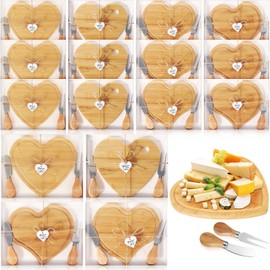 Nuogo 16 Set Bamboo Cheese Board Wedding Bridal Shower Party Favors Cheese Knives Set with Thank You Tags Wooden Cheese Board Gifts for Guests Valentine's Day Bridal Birthday Party(Heart)