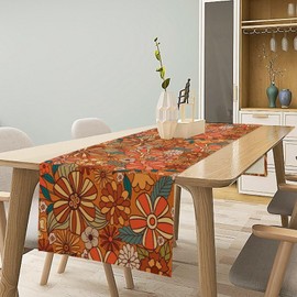 Vintage Floral Table Runner Boho 70s Style Retro Flower Hippie Groovy Pattern Dinner Runner for Home Kitchen Dining Table Party Holiday Decor 13"x36"