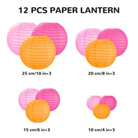 AOOSA Paper Lanterns, 12Pcs Hanging Round Paper Lamps, Sized 4" 6" 8" 10" Decorative Lamp Shades, Chinese Lanterns Decorations for Home Decor, Parties, Weddings, Festival (Pink, Orange, Red)
