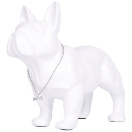 SHENGTIAN 10in White French Bulldog Statue, Resin Dog Animal Sculpture with Silver Necklace for Home Decor for Room, TV Stand, Desk, Table, Bedroom, Shelves, and Desktop