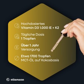 Vitamin D3 + K2 drops, highly dosed and vegetarian, 50 ml (1700 drops), 1000 IU vitamin D3 + K2 liquid, more than 99.7% All-Trans MK-7, without unnecessary additives, made in Germany