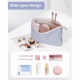 Narwey Travel Makeup Bag Large Cosmetic Bag Makeup Case Organizer for Women (Greyish Blue Stripe)