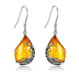 POPLYKE Teardrop Amber Earrings for Women 925 Sterling Silver Flower Earrings Dangle Filigree Amber Jewelry for Her