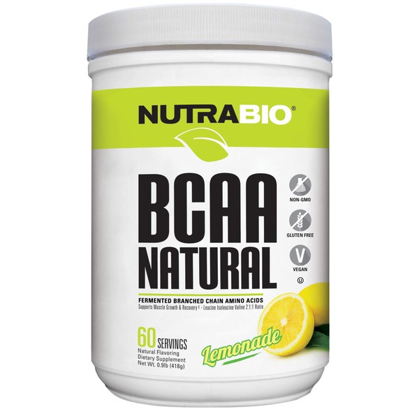 NutraBio BCAA 5000 Powder - Fermented Branched Chain Amino Acids for Muscle Growth & Recovery - Natural Flavors, Sweeteners, and Coloring, Vegan, Gluten Free - Lemonade, 60 Servings
