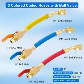 Tigbear R134A R410A R22 R12 AC Charging Hoses, 7" Length Charging Hose Ball Valves (7" Hose + 2PC R410A Adapter+ Tank Adapter)