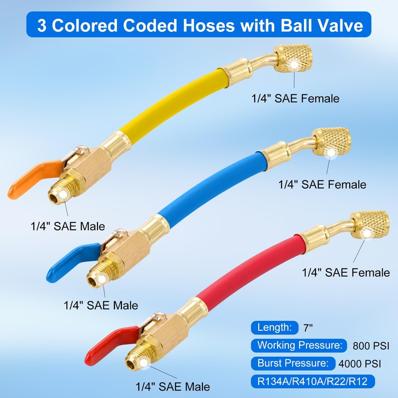 Tigbear R134A R410A R22 R12 AC Charging Hoses, 7" Length