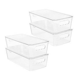 Vtopmart 4pcs Clear Organizers and Storage Bins with Lids, Stackable Plastic Storage Containers with Handles for Fridge, Freezer, Pantry, Cabinet, Kitchen Organization