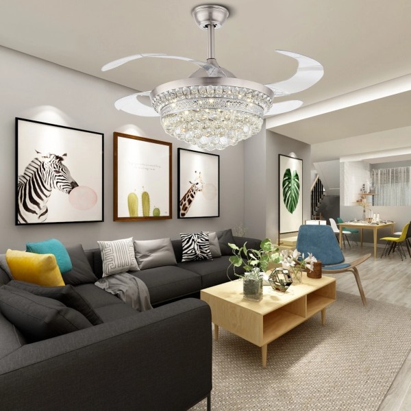 42inch Crystal Chandelier LED Ceiling Fan Light 3-Speed Pendant Lamp