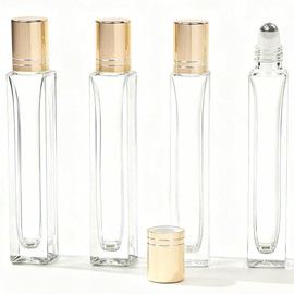 Roller Bottles for Essential Oils 4 pack, 10 ml Refillable Leak-Proof Glass Rollerball Bottles with Stainless Steel Balls & Golden Caps - for DIY Aromatherapy, Travel Perfume, Relief Blends & Skincare
