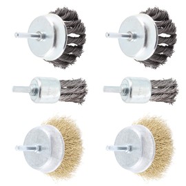 Aracombie 6PCS Cup Wire Wheel Brush Set, 3 Inch Carbon Steel Knotted Cup Brush and Brass Coated Crimped Wire Drill Brush Set, 1/4 Inch Shank Brush Kit Rotary Buffing Brush Wheel, Rust Removal Tool Set