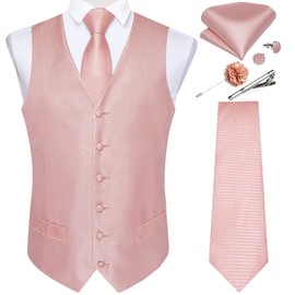 DiBanGu Mens Vest and Tie Set Formal Paisley Waistcoat and Necktie Pocket Square Cufflinks Silk Suit Vest for Tuxedo Wedding, Rose Gold, Large
