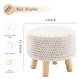 LGENHOOM Round Ottoman Foot Stool Cotton Knitted Pouf Ottoman Foot Rest Stool with Non-Skid Wooden Legs Step Stool Padded Seat for Living Room White