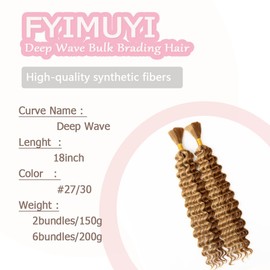 Deep Wave Bulk hair for Braid No Weft Deep Wave Bulk hair for Braiding Micro Faux Braiding Hair for Boho Braids Wet and Wave 18Inch,#27/30
