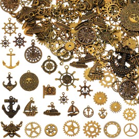 Hicarer 300 Gram Antique Bronze Gears Charms DIY Mixed Vintage Assorted Steampunk Gears Metal Charms Pendant Clock Watch Cog Wheel for Crafting, Jewelry Making Accessory(Anchor Style)