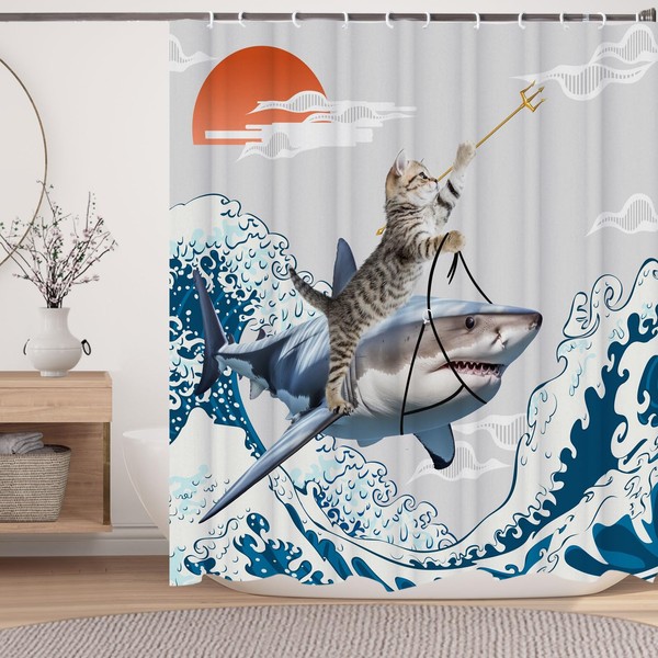 LKFBSC Funny Cute Cat Shower Curtains,Japan Cat Shark with Ocean